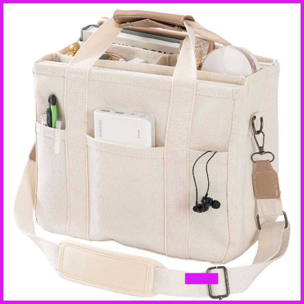 Canvas Tote Bag Multi Pocket Crossbody Organizer Handbag Women Everyday Chic
